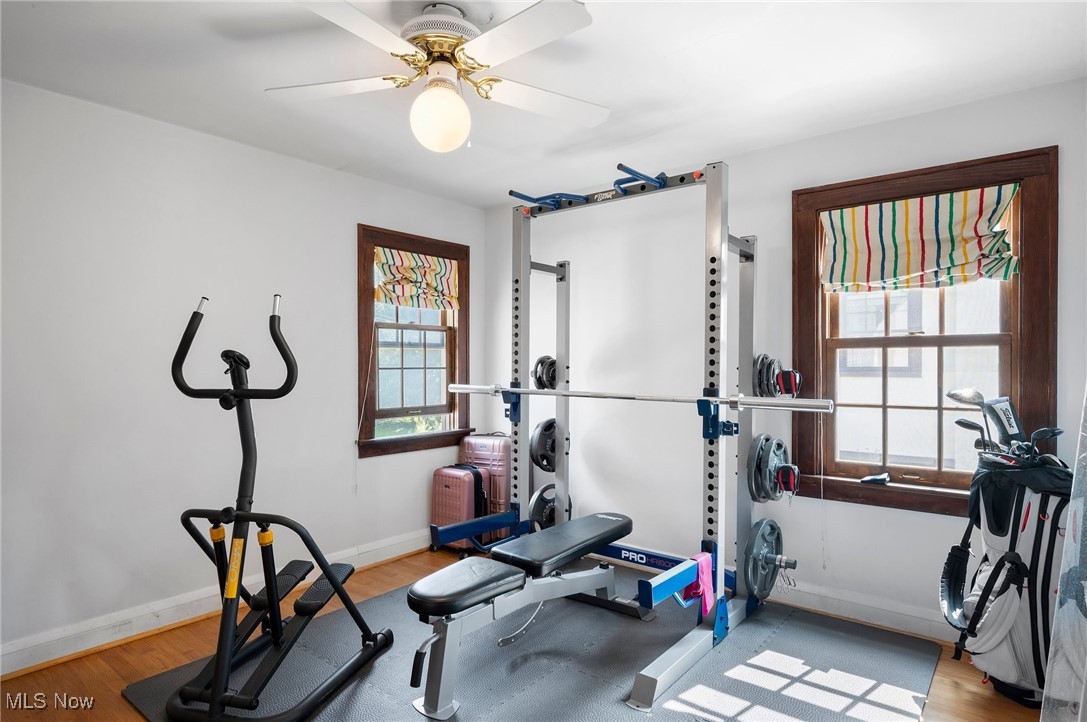 2213 Coventry Road Cleveland, OH 44118 - Photo 34 of 46 Workout room with ceiling fan and light wood-type flooring
