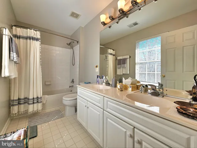 a bathroom with a double vanity sink a toilet a mirror and shower