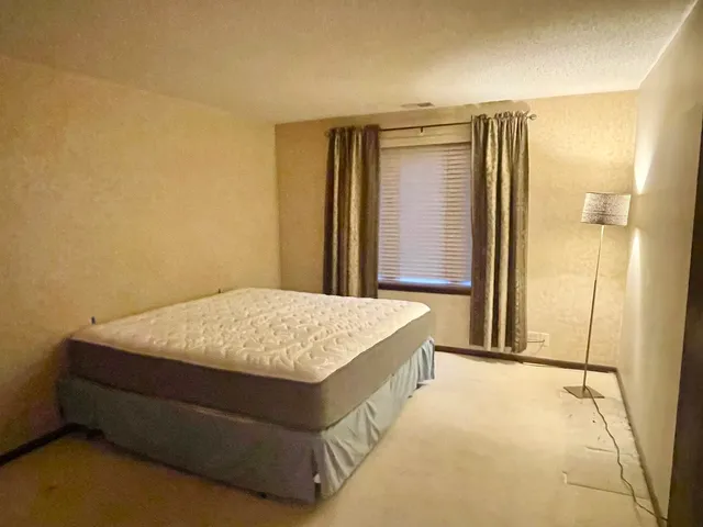 a spacious bedroom with a bed and a dresser