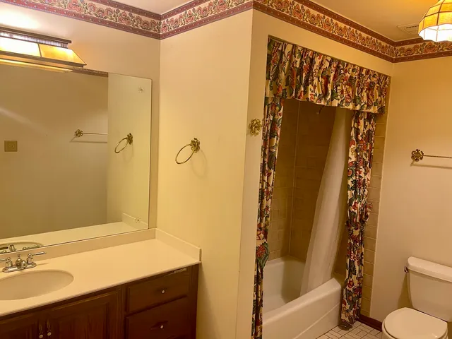 a bathroom with a sink mirror toilet and bathtub