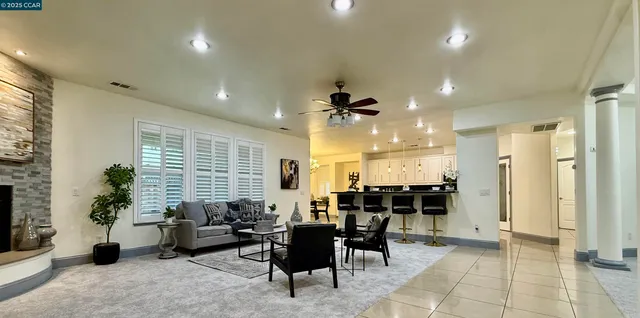 a view of a dining room with furniture