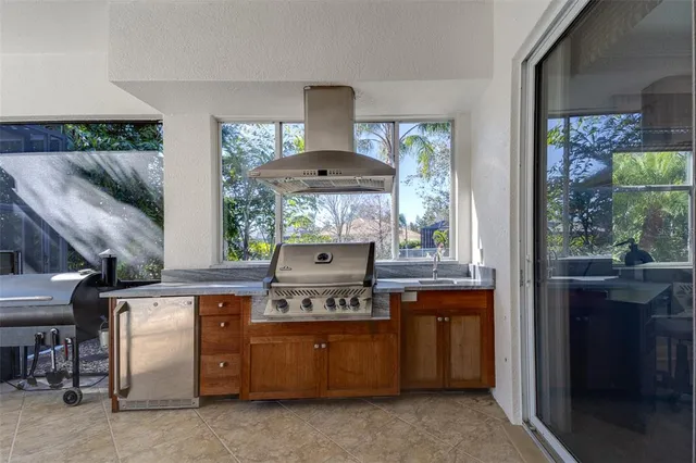 a room with a stove and a table