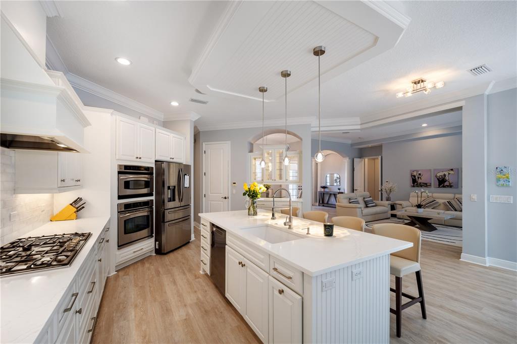 14721 Bowfin Terrace Lakewood Ranch, FL 34202 - Photo 4 of 50 a large white kitchen with a refrigerator a stove a dining table and chairs with wooden floor