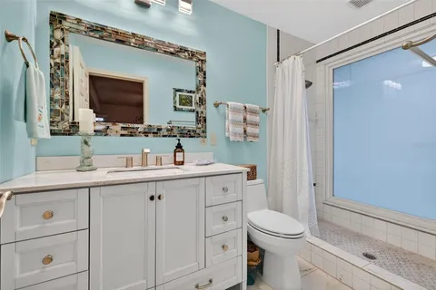 a bathroom with a toilet a sink a mirror a vanity and shower