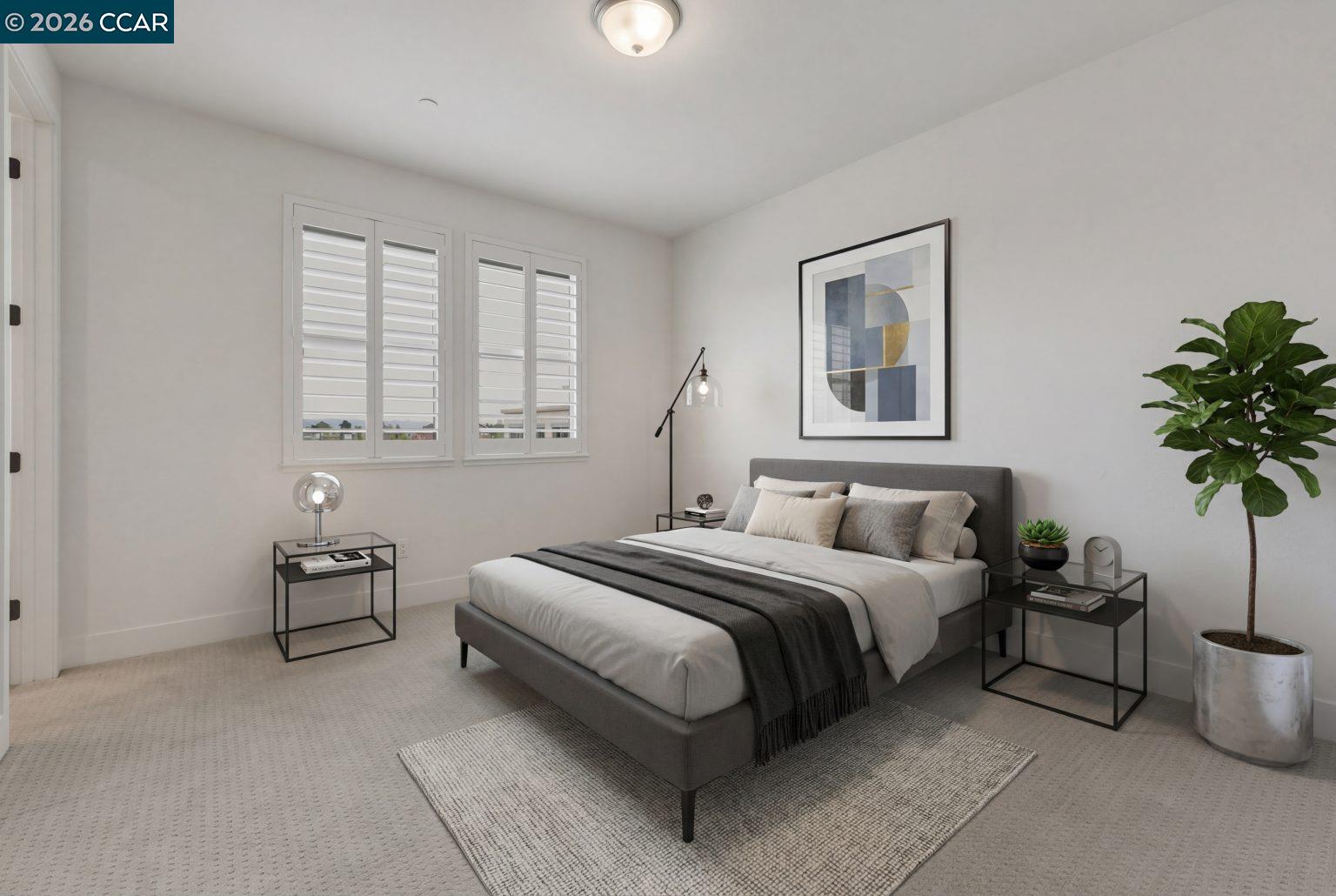 2737 5th Street Alameda, CA 94501 - Photo 14 of 37 a spacious bedroom with a bed and a potted plant