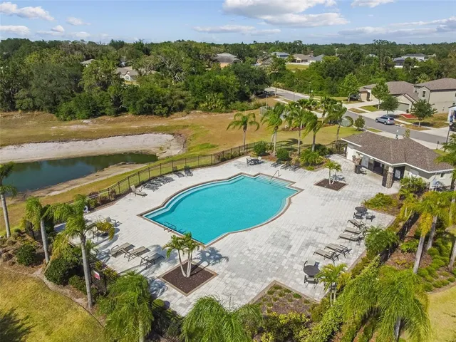 an aerial view of a swimming pool