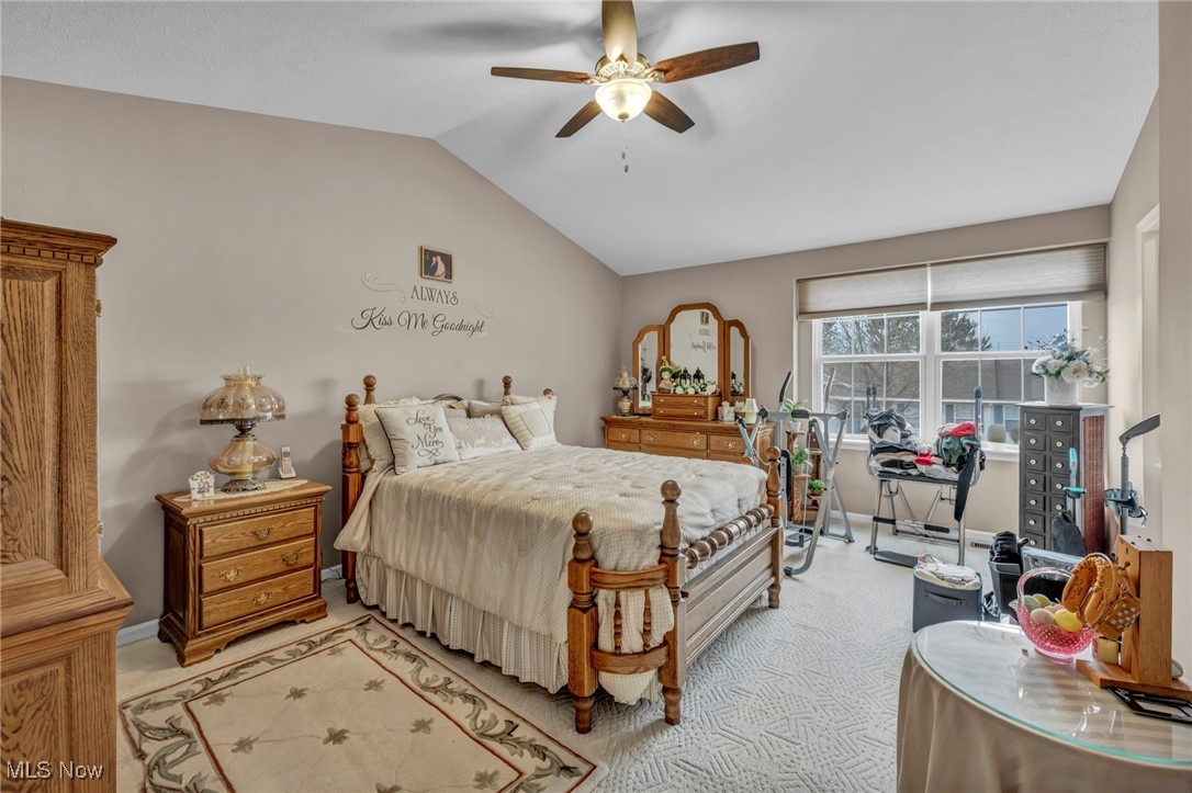 3887 Reeves Lane Medina, OH 44256 - Photo 33 of 42 Bedroom with ceiling fan, lofted ceiling, and light carpet