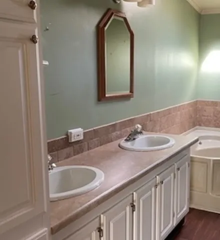 a bathroom with a double vanity sink and a mirror
