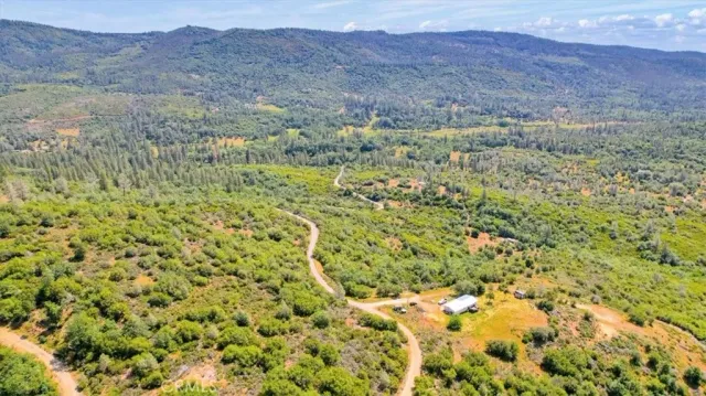 a view of a lush green hillside and a building