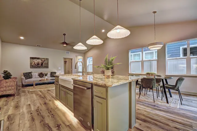 a kitchen with lots of counter top space