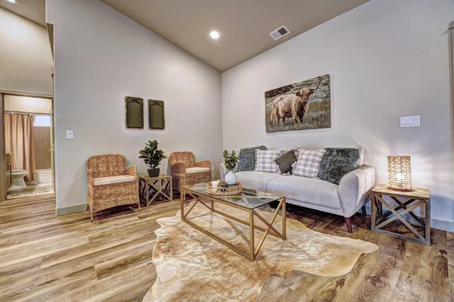 a living room with furniture and a lamp