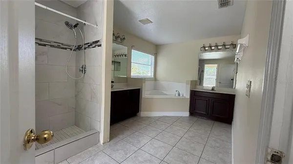 a bathroom with a tub shower vanity and a sink