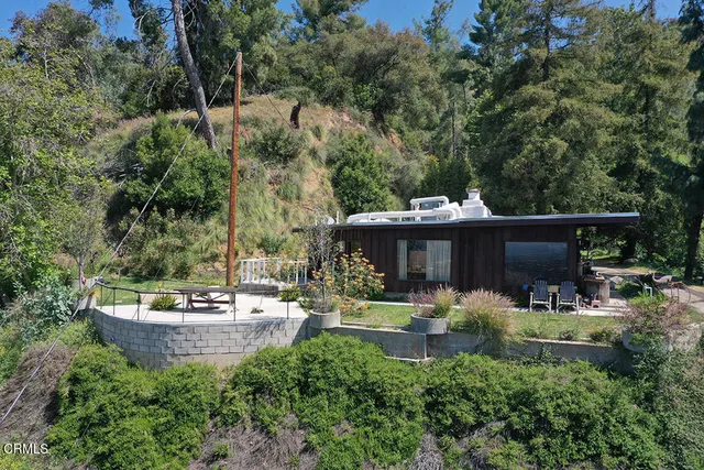 a view of a backyard with plants and a patio