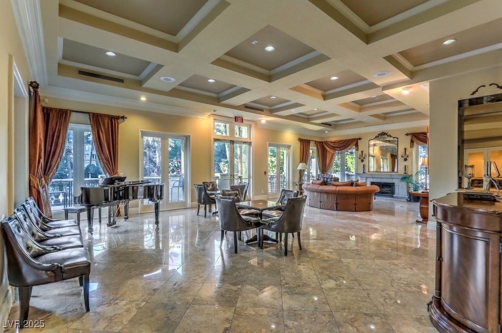 270 East Flamingo Road, Unit 115 Las Vegas, NV 89169 - Photo 27 of 29 Lobby with ornamental molding, coffered ceiling, beam ceiling, and recessed lighting