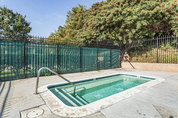 a view of a swimming pool with a patio and a lake view