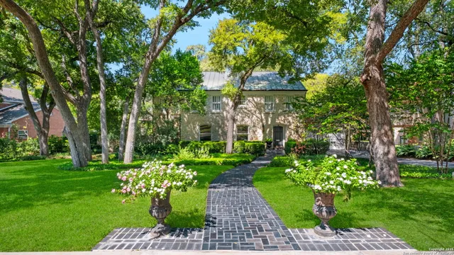 a view of a garden with a bench
