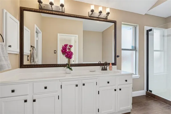 a bathroom with a sink vanity and a mirror