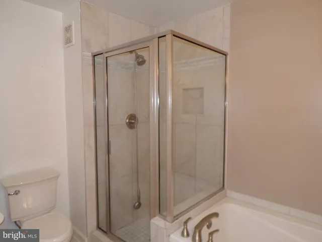 a bathroom with a shower and a toilet