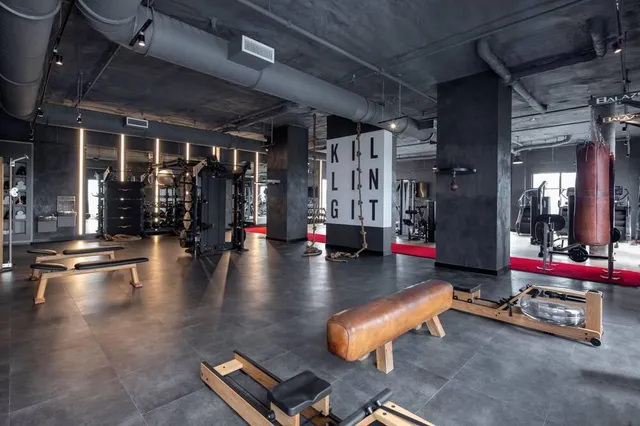 a view of a lobby with gym equipment