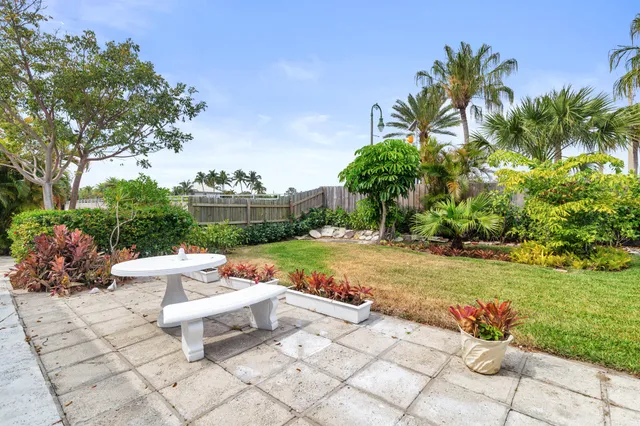 a view of a garden with lawn chairs