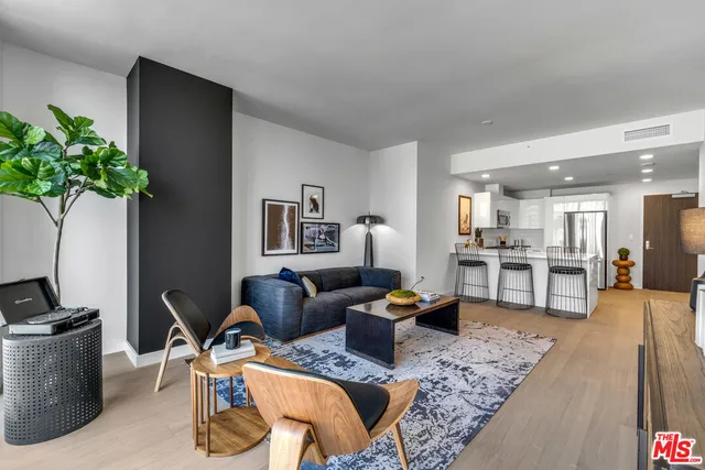 a living room with furniture a potted plant and kitchen view