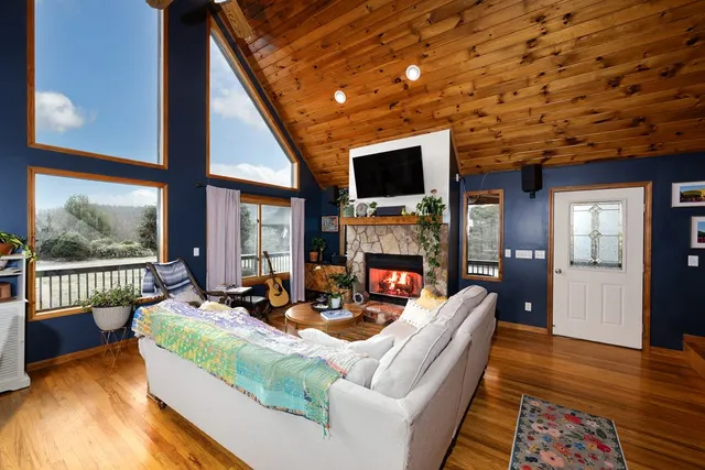 a living room with fireplace furniture and a flat screen tv