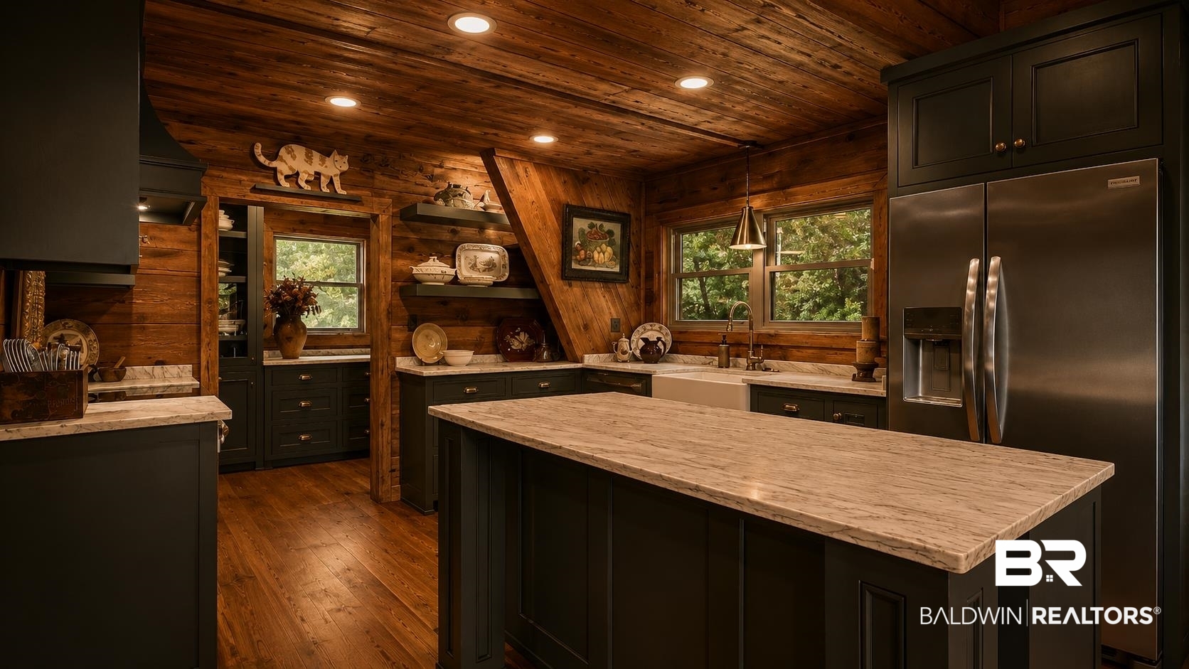 14587 Ridge Road Summerdale, AL 36580 - Photo 17 of 44 Kitchen featuring dark cabinetry, lighter countertops, wood-finish flooring, and wood-paneled walls and ceiling