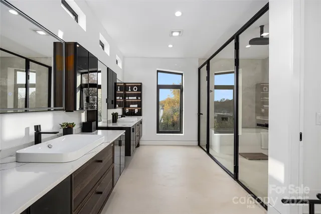 a bathroom with a double vanity sink a mirror and a shower