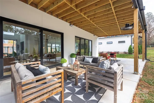 a building outdoor space with patio furniture