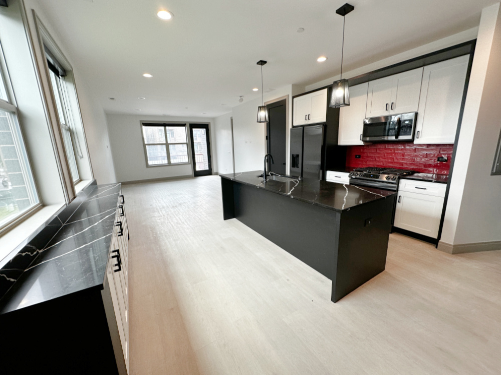 4054 South Indiana Avenue, Unit 2R Chicago, IL 60653 - Photo 4 of 17 a kitchen with stainless steel appliances granite countertop a refrigerator a sink dishwasher a stove and a dining table with wooden floor
