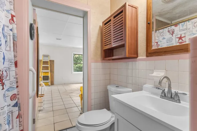 a bathroom with a sink a toilet and shower curtain