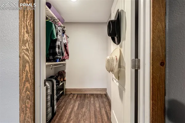 a view of walk in closet with clothes and shoes