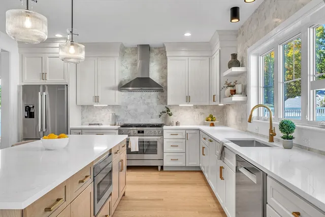 a kitchen with a sink a counter space appliances and cabinets
