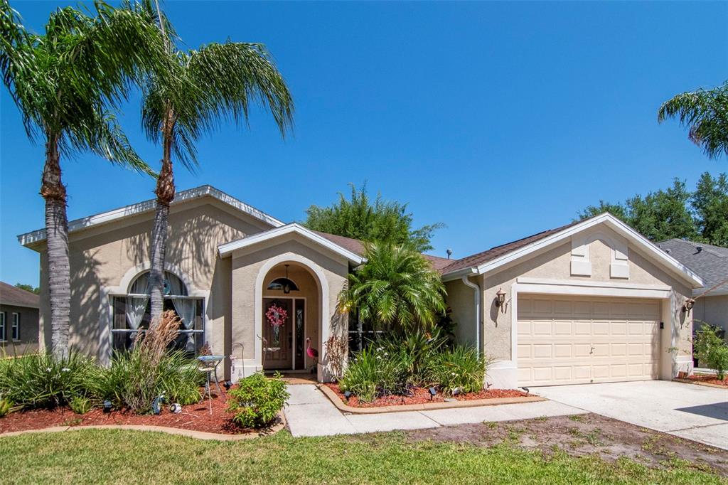 19103 Wind Dancer Street Lutz, FL 33558 - Photo 2 of 41 a front view of a house with a yard and garage