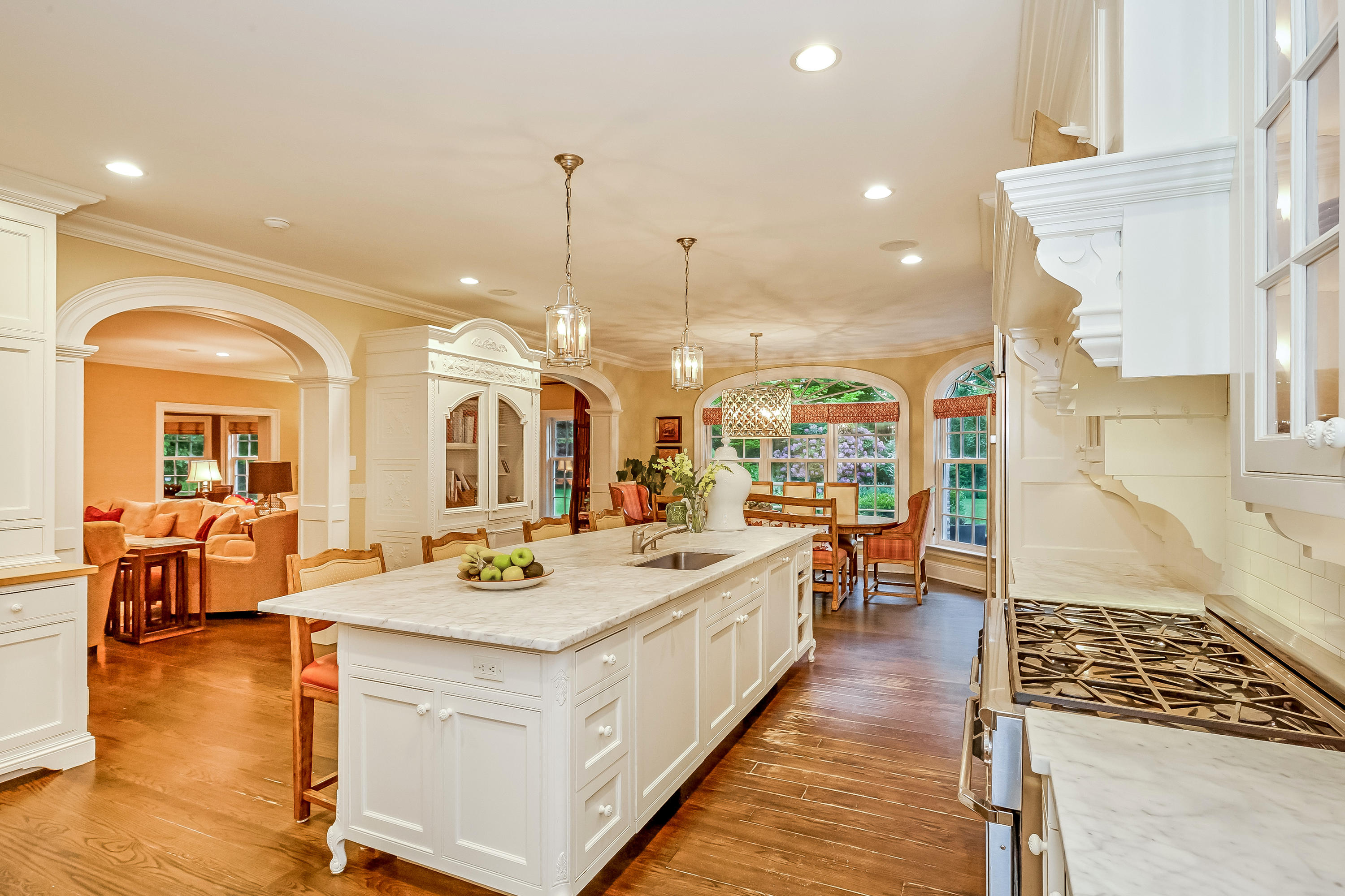 741 Hollow Tree Ridge Road Darien, CT 06820 - Photo 24 of 60 a view of a kitchen with kitchen island stainless steel appliances a stove a sink a center island and living room view