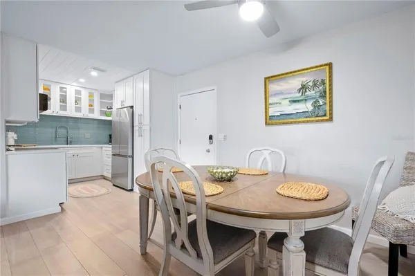 a view of a dining room with furniture