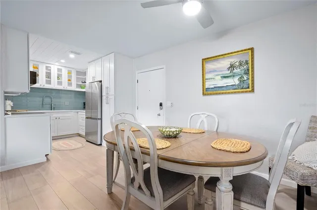 a view of a dining room with furniture