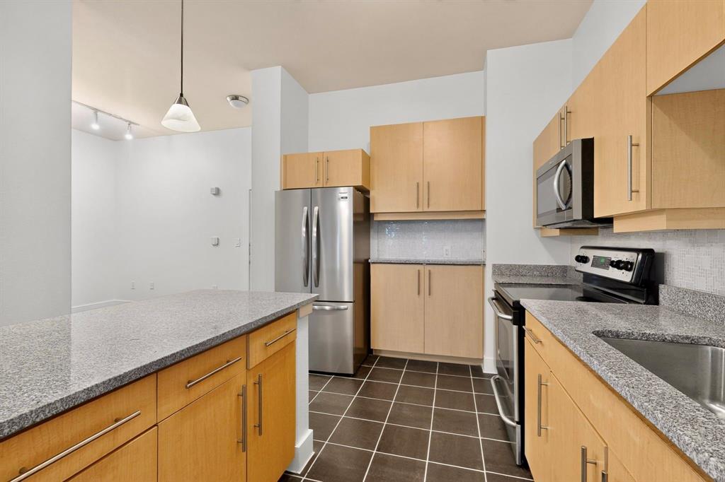 4414 Cedar Springs Road, Unit 318 Dallas, TX 75219 - Photo 17 of 40 Contemporary kitchen featuring light wood-finish cabinetry, stainless steel appliances, speckled stone countertops, and a full-size refrigerator