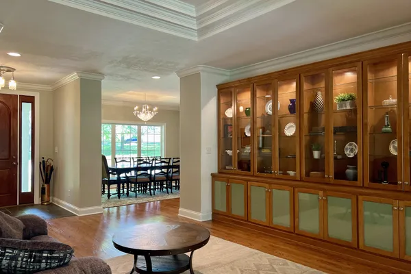 a view of a dining room with furniture window and outside view