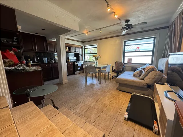 a view of a dining room with furniture