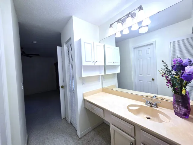 a bathroom with a sink a vanity and a mirror
