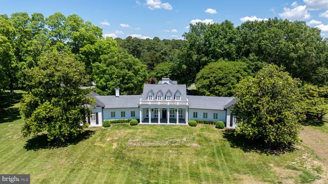 a view of a swimming pool with a yard and large trees