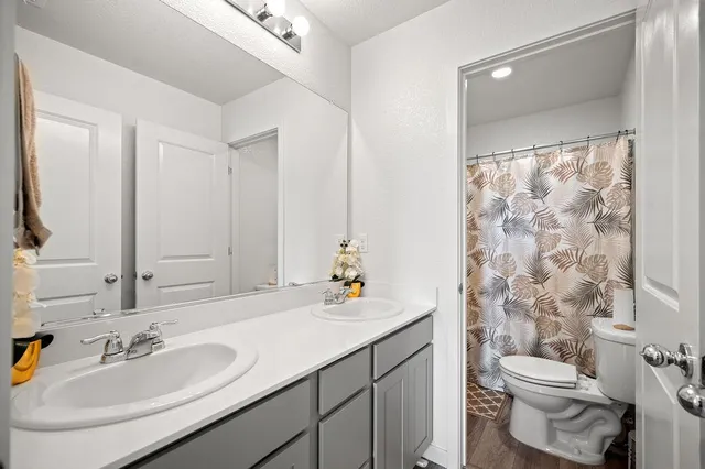 a bathroom with a sink toilet and shower