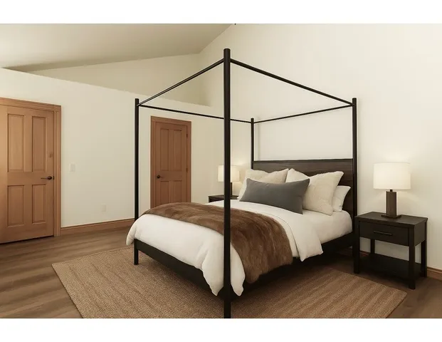 a bedroom with bed and a mirror