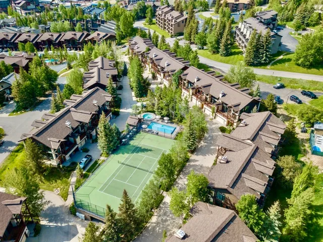 an aerial view of residential houses with outdoor space