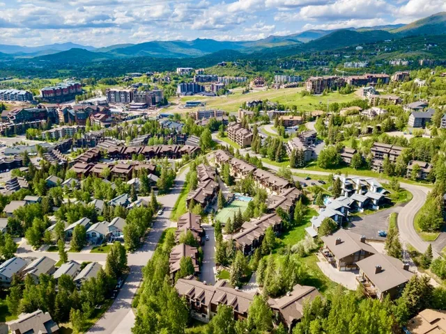 an aerial view of residential houses with outdoor space and trees