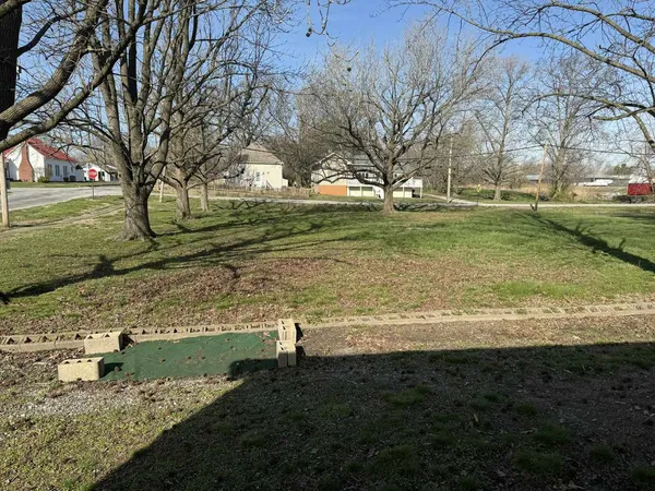 a view of a yard with large trees