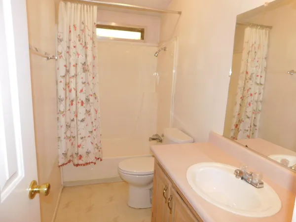 a bathroom with a sink a toilet and shower curtain