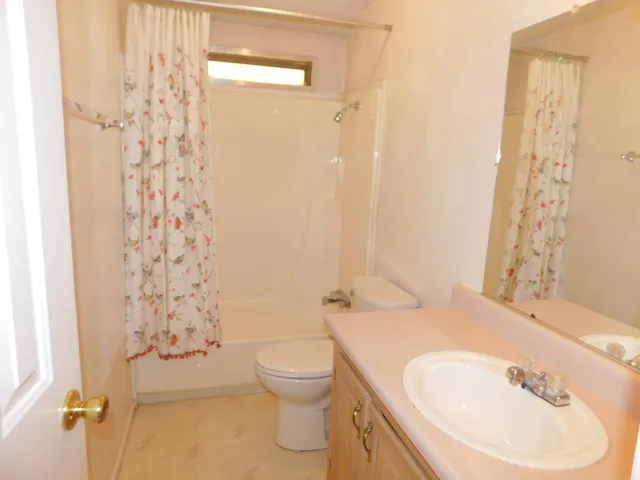 a bathroom with a sink a toilet and shower curtain
