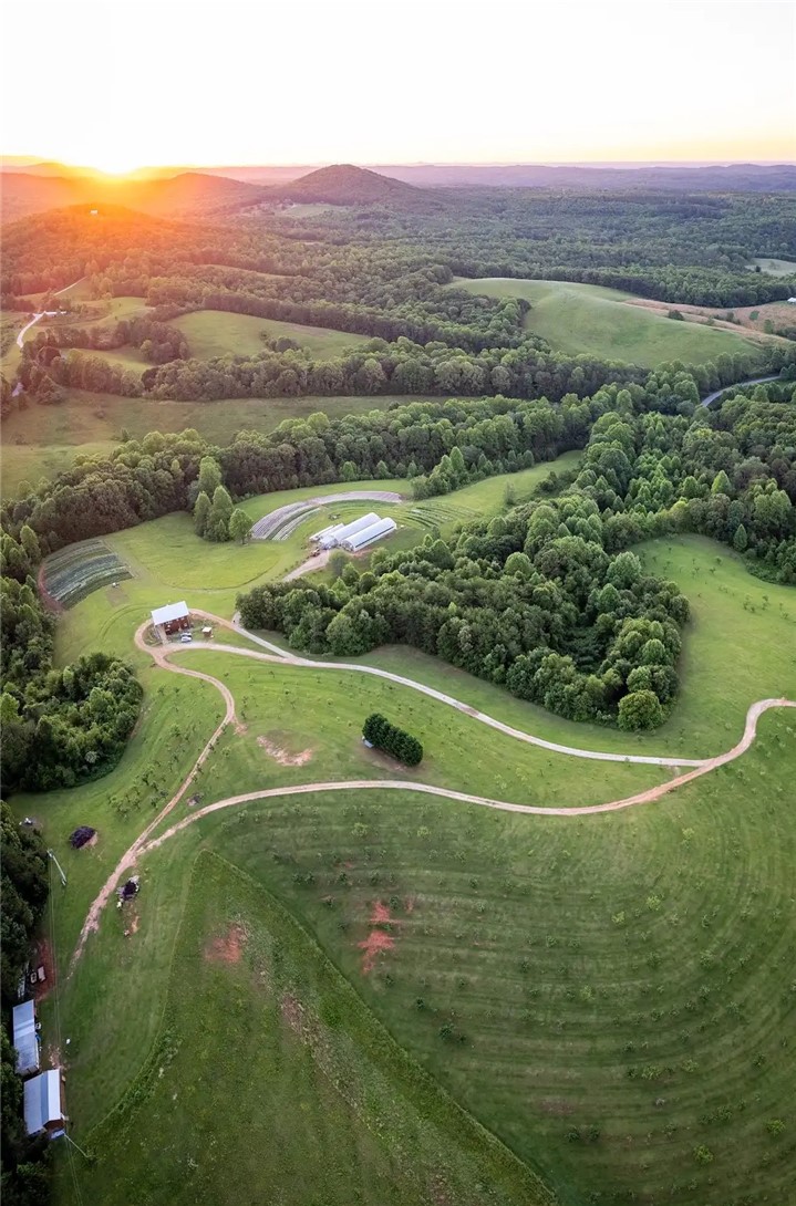 Rolling green hills and dense forests stretch across this vast property under a sunset sky.